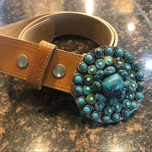 Vintage Leather Rock Belt. Turquoise buckle with tan leather belt.